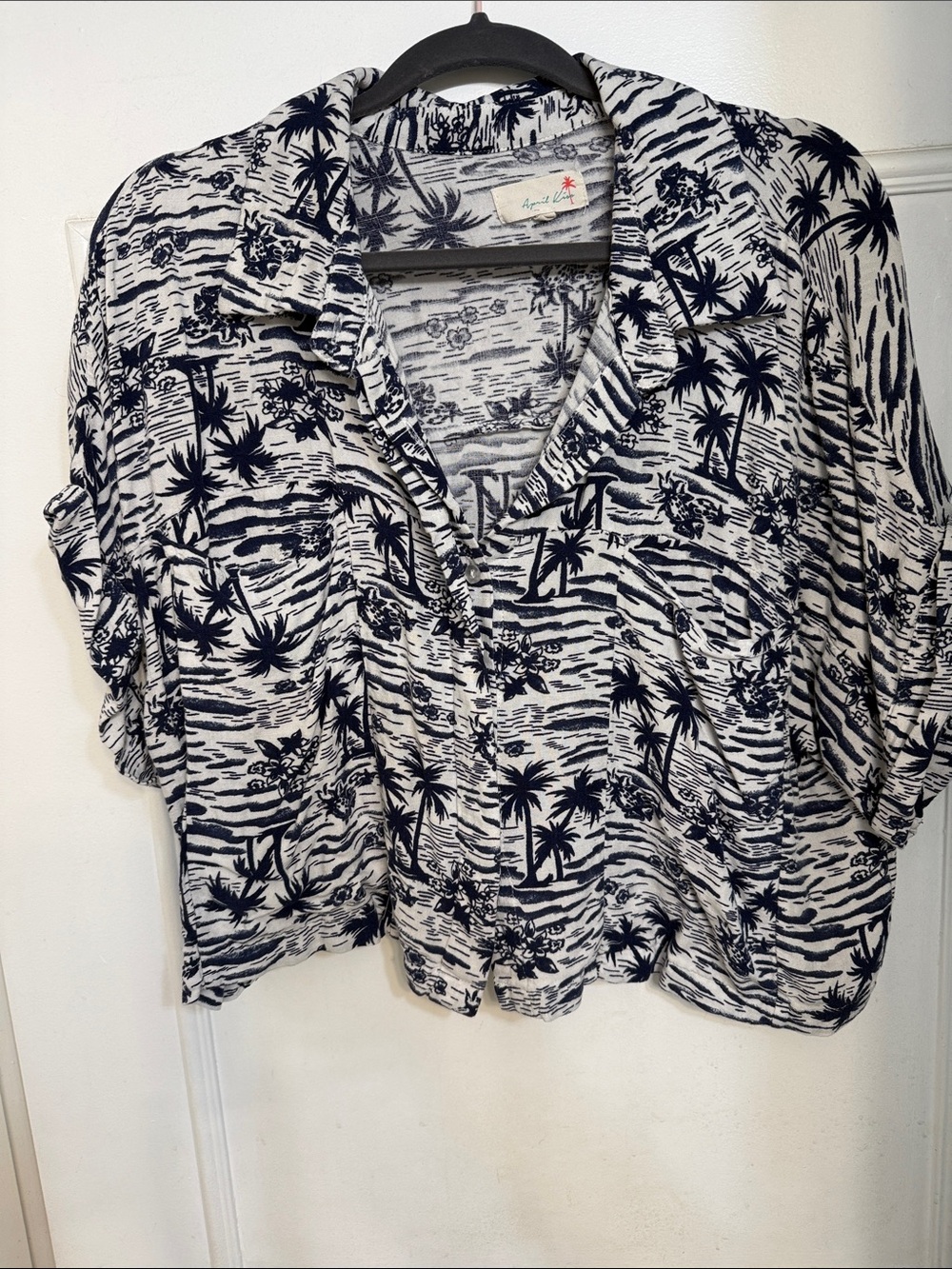 Button-Front Tropical Print Shirt - Navy/White